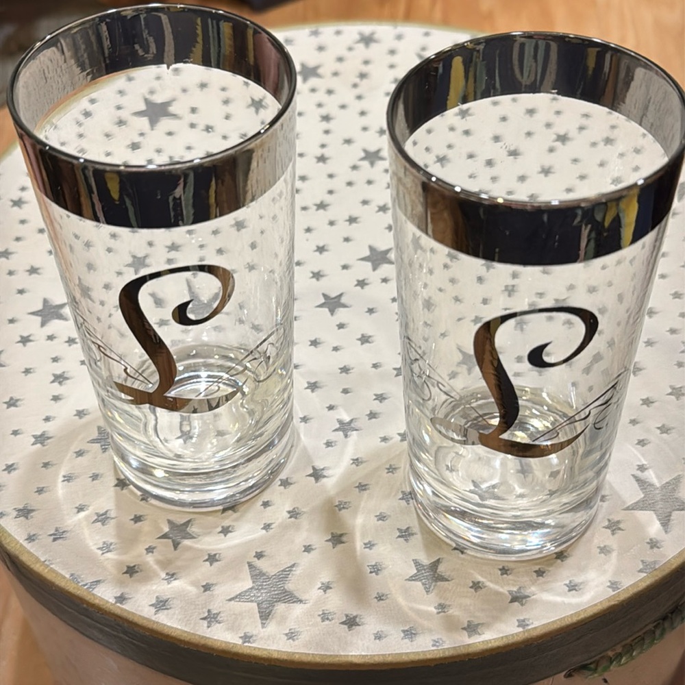 MCM Retro Dorothy Thorpe Silver Band Initial “L” Highball Glasses